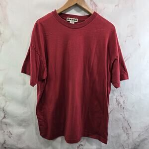 Vintage T Shirt Mens XL Red 90s Y2K Short Sleeve Crew Neck Badge Black Solid